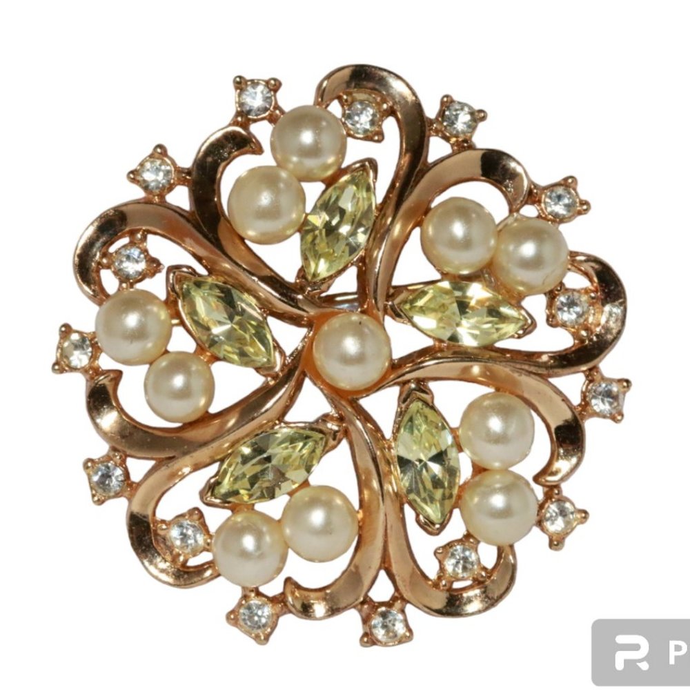 1952 Vintage Crown Trifari Alfred Phillipe Brooch Faux Pearls Navette Rhinestone